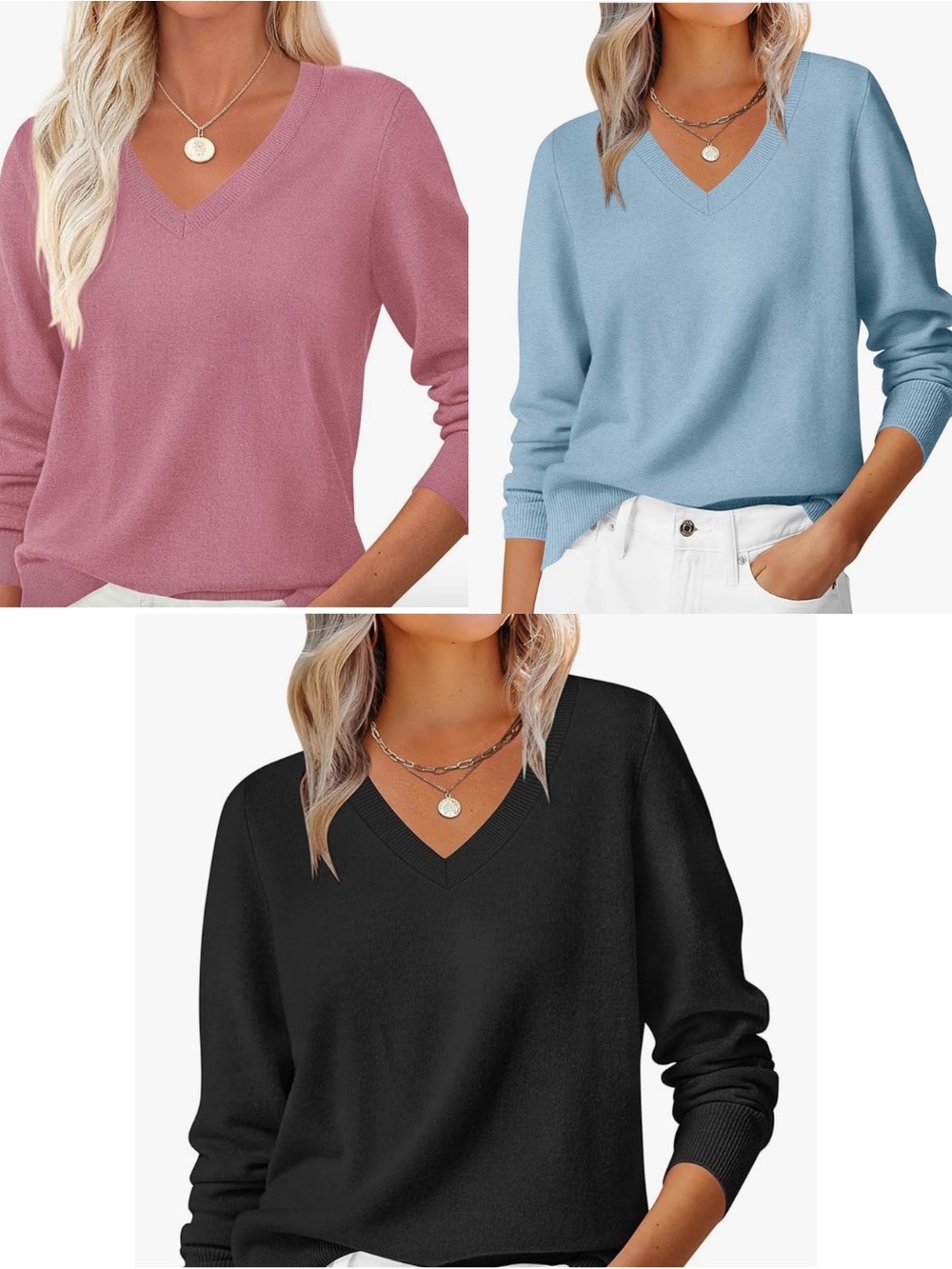 Set of three V-Neck Knit Sweaters- light blue, black and pink